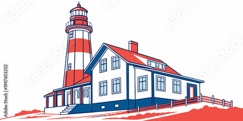 A red and white lighthouse next to a house Vector