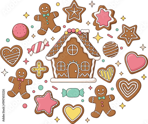 Cute Christmas gingerbread cookies vector illustration set featuring gingerbread house, star biscuits, candy sweets, heart cookies and festive holiday bakery treats