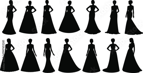 Elegant evening gown women silhouette collection featuring fashion models in long formal dresses isolated on white background stylish female vector illustration set