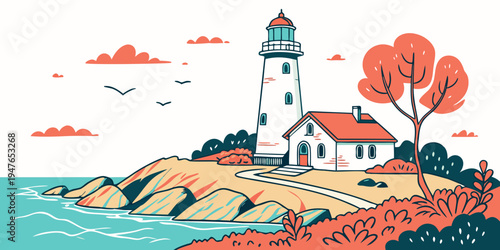 A white lighthouse on a rocky coastline with a tree Vector