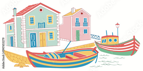 A colorful illustration of boats and houses by the water Vector