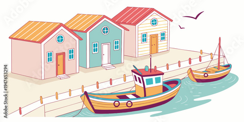 A colorful illustration of a small harbor with boats and houses Vector