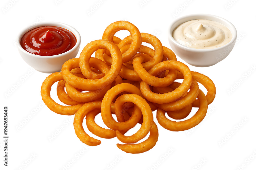 Fototapeta premium Crispy Curly Fries with Ketchup and Mayo Dips Isolated on Transparent Background
