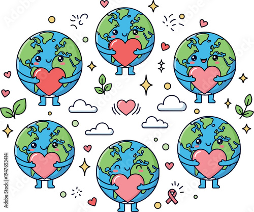 Cute Earth Planet Characters Vector Collection with Heart Love Nature Environment Sustainability Cartoon Illustration Set