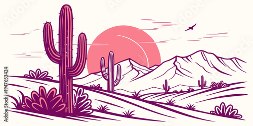 A desert landscape with a large cactus and mountains Vector