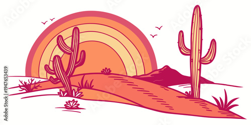 A desert landscape with a cactus and a sunset Vector
