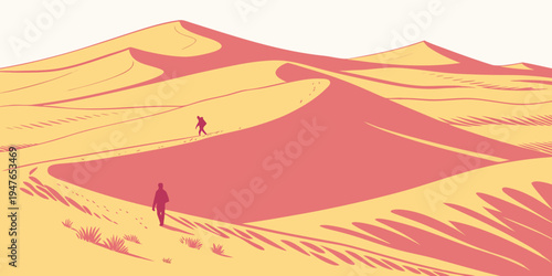 People walking on sand dunes in the desert Vector