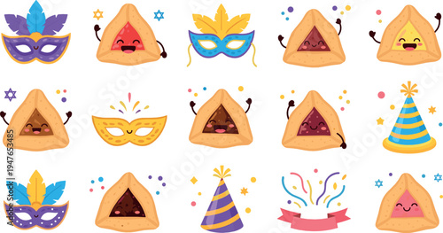 Cute hamantaschen cookies and carnival masks vector illustration set featuring Purim holiday treats, festive hats, confetti and celebration elements