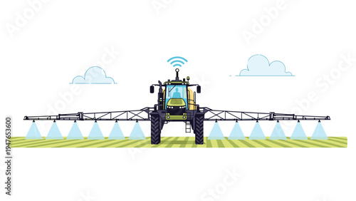 High tech self driving tractor sprays a large farm field with liquid while connected to a wireless signal for precision agriculture.