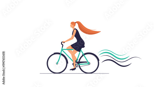 Active woman with long flowing hair rides a green bicycle quickly across a plain background with stylized speed lines trailing behind.