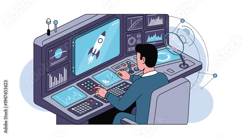 Professional operator monitors a rocket mission at a complex command center desk with multiple digital screens and graphs.