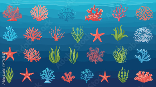 Vibrant underwater collection features various species of colorful coral, sea anemones, and starfish in a deep blue ocean environment.