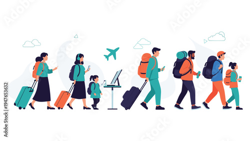 Diverse group of travelers with suitcases and backpacks walk through a modern airport terminal toward their gate for a flight departure.