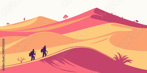 Two people walking across a desert landscape Vector