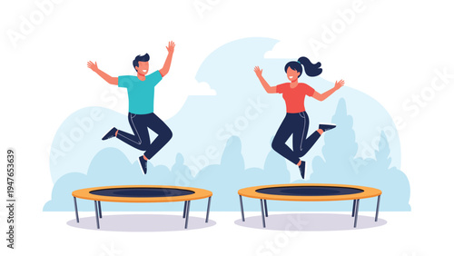 Happy young man and woman jump high in the air on separate trampolines outdoors under a clear sky with soft clouds and trees.