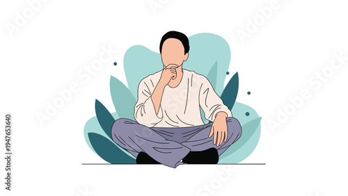 Young man sitting in a meditative pose with hand on chin while deep in thought or contemplating ideas against a leafy background.