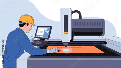 Industrial technician in hard hat and blue uniform operates a modern precision laser cutting machine in a manufacturing facility.