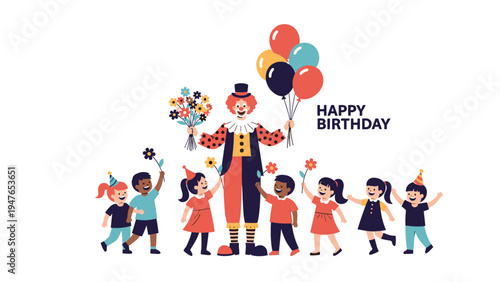 Joyful children gather around a cheerful clown holding colorful balloons and flowers at a happy birthday party celebration event.