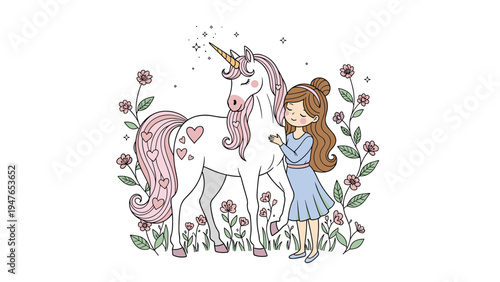 Sweet little girl in a blue dress tenderly hugging a magical white unicorn with a pink mane surrounded by delicate blooming flowers.