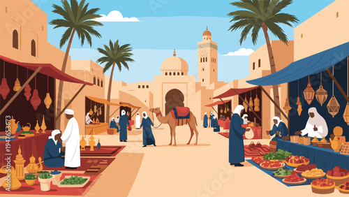 Bustling traditional arabian marketplace featuring merchants, camels, and shoppers near an old mosque in a vibrant middle eastern city.