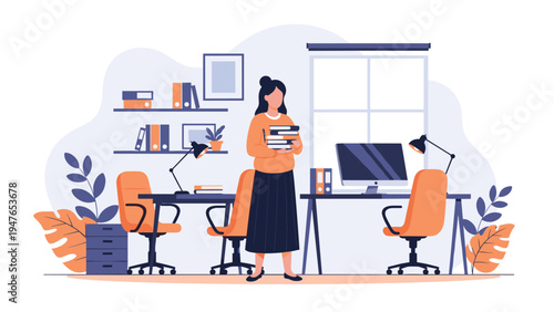 Professional woman wearing an orange sweater stands in a modern office interior while holding a stack of books or documents ready to work.