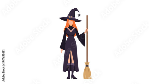 Mysterious woman dressed as a witch in a long black gown and pointed hat holding a wooden broomstick for halloween festivities.