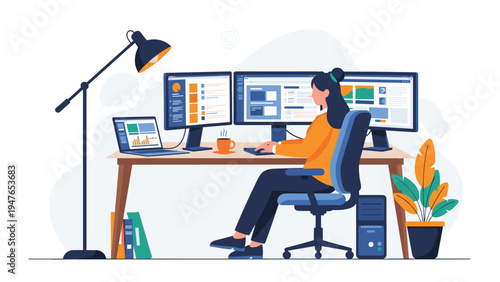 Focused female programmer or designer works at her desk with multiple monitors displaying data and charts in a contemporary home office.