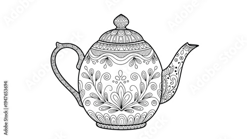 Beautifully decorated teapot featuring intricate floral and paisley patterns in a black and white line art style for coloring or design.