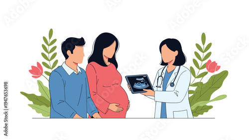 Professional female physician explains ultrasound results to a young couple expecting a baby during a routine maternity clinic visit.