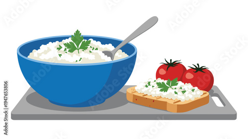 Healthy breakfast featuring a blue bowl of cottage cheese with parsley and a slice of toasted bread with tomatoes on a board.