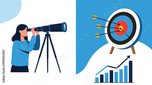 Conceptual image of a woman using a professional telescope on a tripod to aim for a bullseye target next to a rising growth chart.