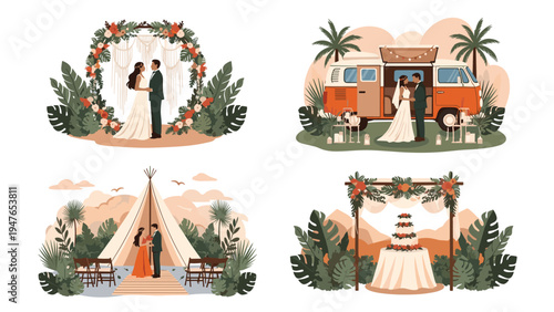 Collection of four wedding ceremony setups including a tropical arch, a vintage camper van, a desert teepee, and a floral cake display.