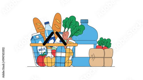 Shopping basket filled with essential groceries including baguettes, milk carton, fresh vegetables, and large water bottles.