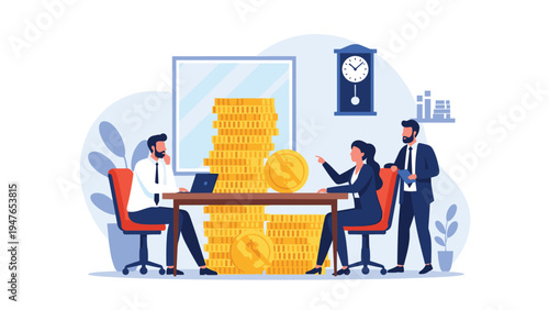 Business professionals having a meeting around a table next to a giant stack of gold coins representing financial success.