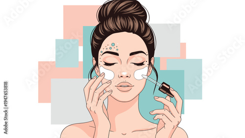 Beautiful woman applying facial serum or skin treatment using a glass dropper while wearing eye patches for skincare routine.