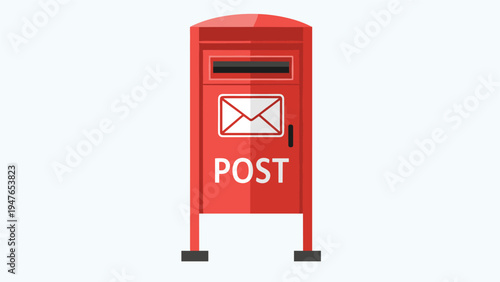 Traditional red standing post box featuring an envelope symbol and word post for mail collection on a plain background.