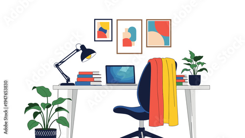 Organized home office workspace with a laptop, stacks of books, a desk lamp, comfortable chair, and lush green house plants.