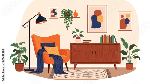 Cozy living room interior with an orange armchair, wooden sideboard, floor lamp, area rug, and various potted house plants.