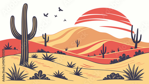 A desert landscape with a cactus and a sunset Vector