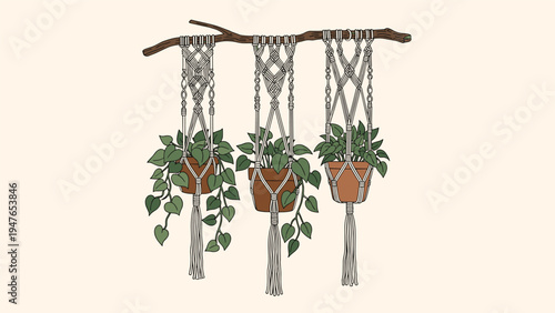 Three handmade macrame plant hangers holding terracotta pots with green vines suspended from a natural tree branch.
