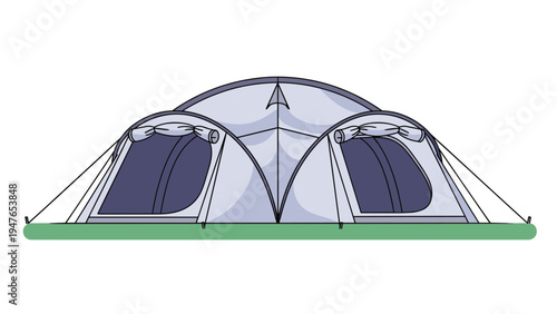 Large grey family camping tent with multiple rooms and open flaps for ventilation set up on a grassy green surface.