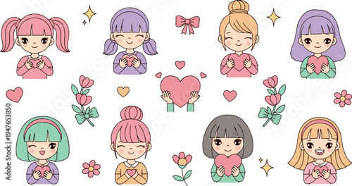 Cute kawaii girls holding hearts vector illustration set with adorable cartoon characters, love expressions, flowers and sweet friendship emotions