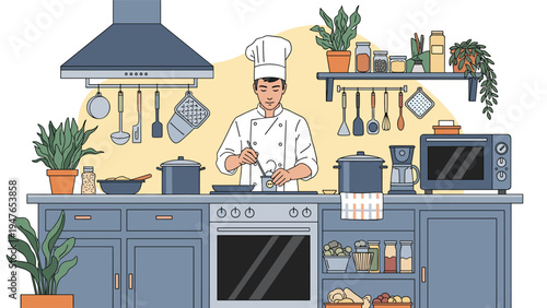 Professional chef in white uniform and hat cooking in a modern blue kitchen with various utensils, pots, and appliances.
