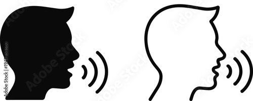 Human speaking voice icon set with sound wave symbol, communication and speech silhouette illustration isolated vector design
