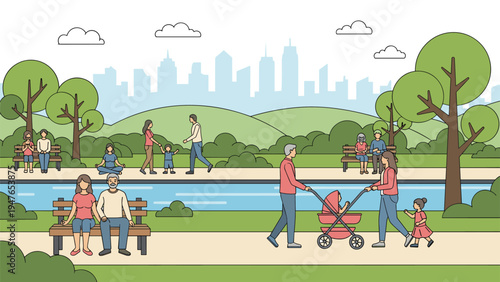 People of different ages enjoying various activities in a large green city park by a river with a skyline background.