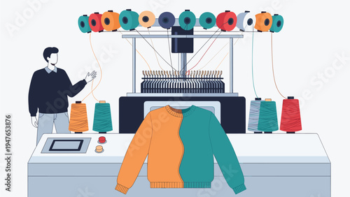 Textile worker overseeing a large industrial knitting machine producing a colorful two tone sweater in a factory setting.