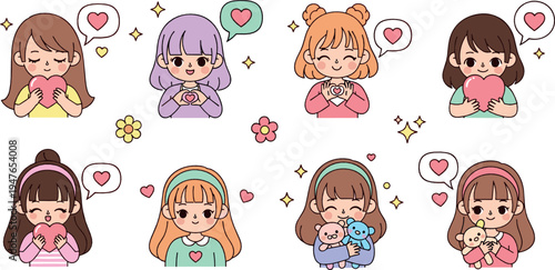 Cute kawaii girls with hearts and teddy bear vector illustration set featuring adorable cartoon characters expressing love, friendship and sweet emotions
