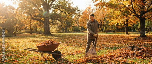 Man raking autumn leaves in a park with a wheelbarrow under golden sunlight