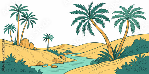 A desert landscape with palm trees and a stream Vector