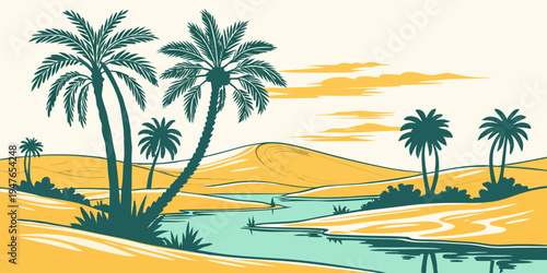 A serene desert landscape with palm trees and a body of water Vector